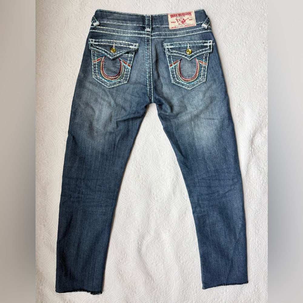 True Religion Joey Super T Low Rise Jeans Rainbow Stitch Denim Jeweled Size 26 - Picture 8 of 13